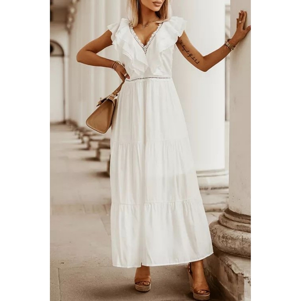 Plus Size White Ruffle V Neck Maxi Dress - Picture 6 of 6